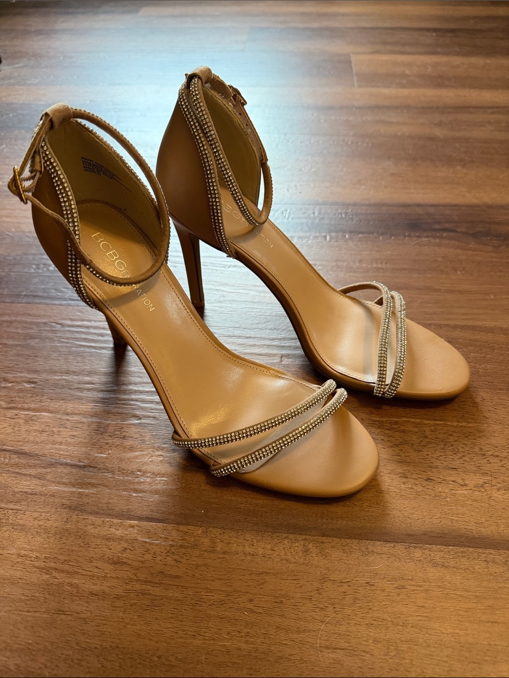 BCBG Nude Tan Rhinestone-Strap Stiletto Heels